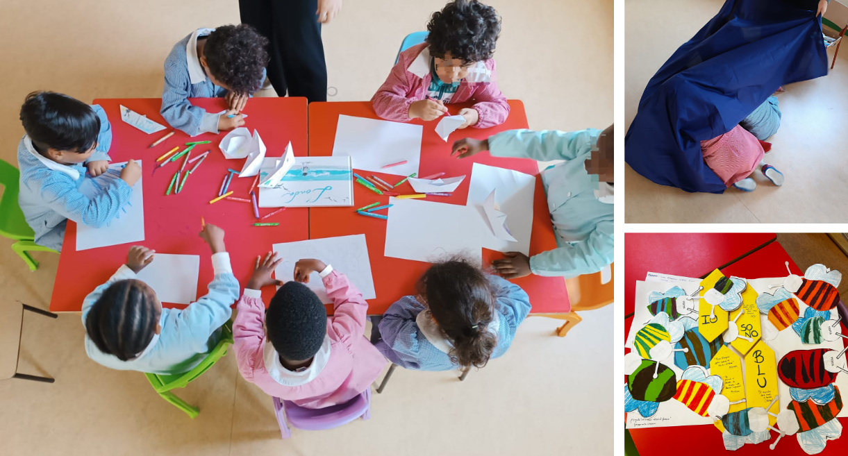 Collage laboratorio Picturebook e silentbook Collage di immagini raffiguranti le attività del laboratorio Picturebook e Silentbook: bambini che disegnano visti dall'alto, bambini che giocano con tessuti, un elaborato creativo creato dai bambini e dalle bambine