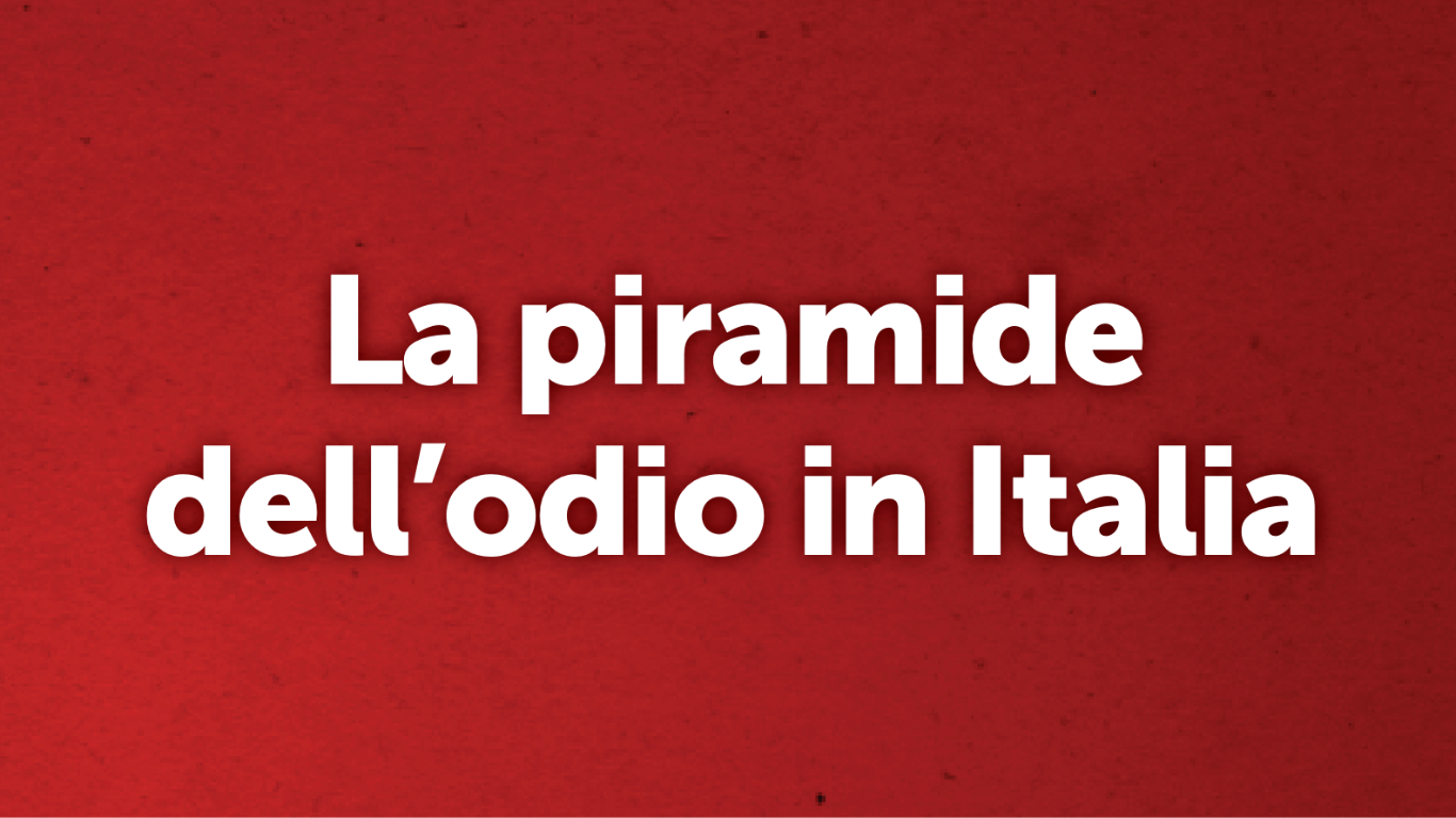 Copertina della risorsa La Piramide dell'odio in Italia della commissione Jo Cox su fenomeni di odio,<br />
intolleranza, xenofobia,<br />
e razzismo raffigurante una scritta bianca su sfondo rosso con il titolo della risorsa "La Piramide dell'odio in Italia"