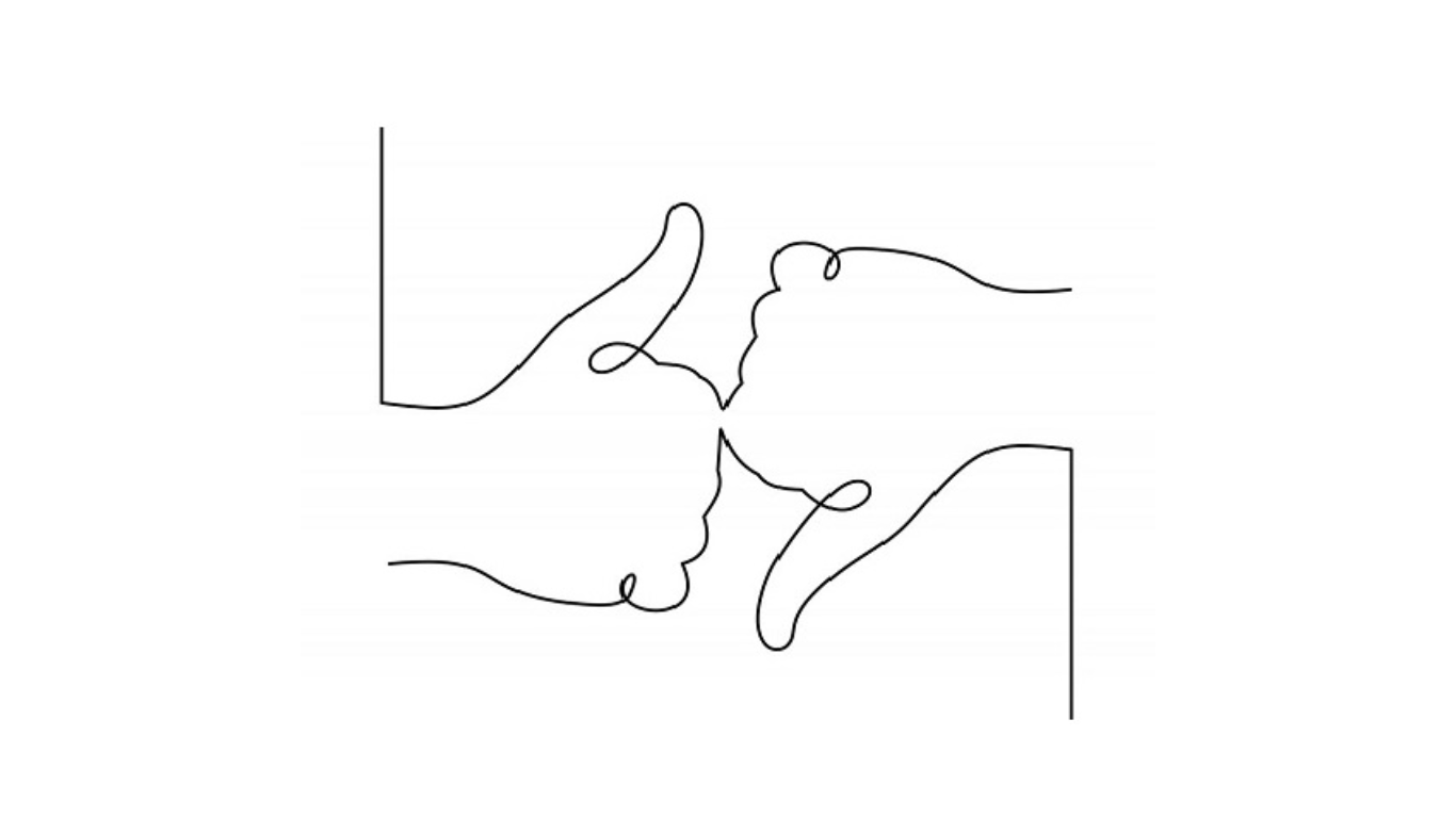 Copertina della risorsa della Rete Nazionale per il Contrasto ai Discorsi e ai Fenomeni d’Odio, raffigurante un'immagine illustrata one line di due mani, una con un pollice in su e una con un pollice in giù